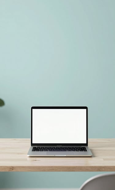 A high-resolution, wide shot of a modern, minimalist studio. A sleek laptop sits on a light desk, with a wall featuring a soft #A7C5C3 hue in the background. The lighting is bright and airy, emphasizing clarity and functional elegance.