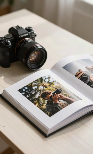 A close-up cinematic shot of a lifestyle photographer's camera and a printed photo album on an off-white wooden table. Located in a sun-drenched North American / US studio, the image uses soft charcoal shadows and warm lighting to convey professionalism.