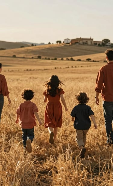 Candid long shot of a family running through a golden grassy field in rural Spain / Southern Europe during late afternoon. Warm sun rays lighting the scene, soft terracotta and dark charcoal accents in their outfits, nostalgic and deeply emotional storytelling style.