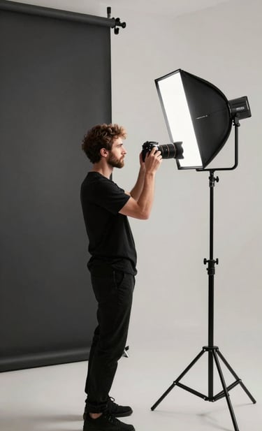 A professional photographer in a modern Turkish / Istanbul studio, adjusting professional lighting equipment. The aesthetic is clean and minimalist with dark slate black and soft off-white tones.