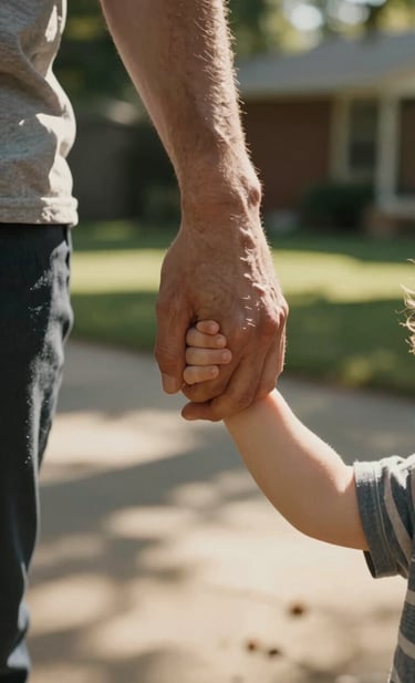 An intimate, close-up photograph of a parent holding a toddler's hand in a North American backyard setting. Sunlight streams through the trees, creating a warm, sun-drenched atmosphere with Charcoal shadows and Soft Sand highlights. The focus is on the emotional depth of the moment.