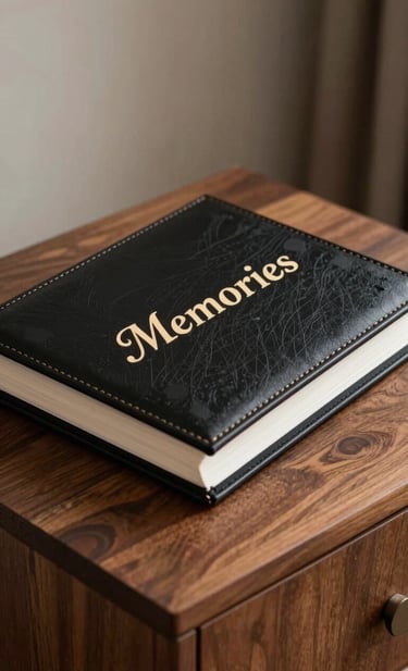 An elegant, hand-crafted photo album bound in black leather with champagne gold lettering 'Memories', placed on a sophisticated wooden side table in a luxury North American / US home.