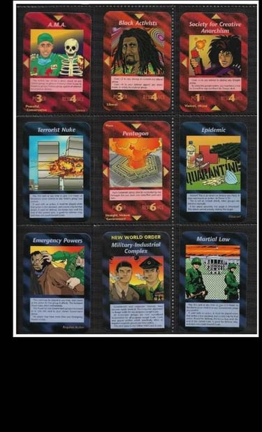 Algumas cartas do jogo de cartas illuminati de 1995 que previu o atentado de 11/09 nos EUA