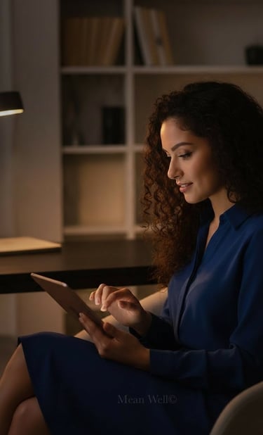 A smiling woman with curly hair uses a digital tablet while working late in a dimly lit office.