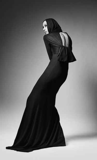 Elizabeth Lotz (Liz Lotz) art director fashion elegance woman high fashion theatre model black dress stance Avant