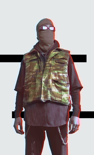 a man in a black jacket and a mask on posing for a photo