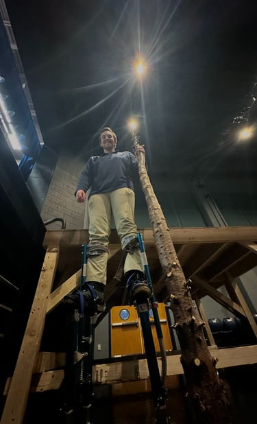 Cade on stilts during a Big Fish rehearsal