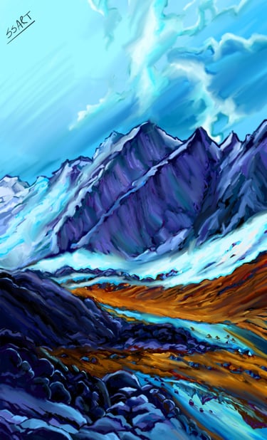 landscape art or painting with ice caped mountain and frozen lanscape made using photoshop