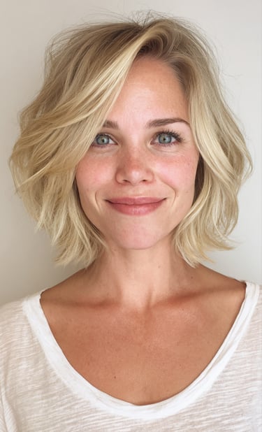 Long layered haircut with dimensional blonde colour and volume.