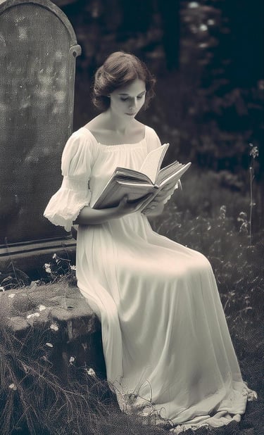 Mujer de blanco leyendo Camposanto, poema de Óscar Ocaña Parrón,  sobre una tumba. Melancólica