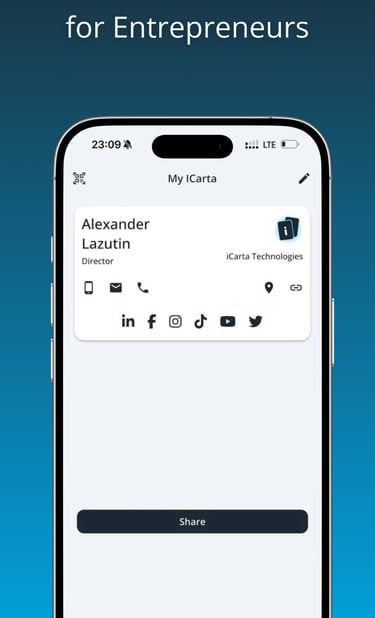 Digital business card app for entrepreneurs on a mobile phone interface.