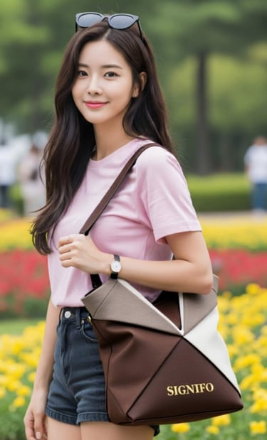 Model SIGNIGIRL dengan totebag dari kain kanvas polyester SIGNIFO tema Sahara Desert.