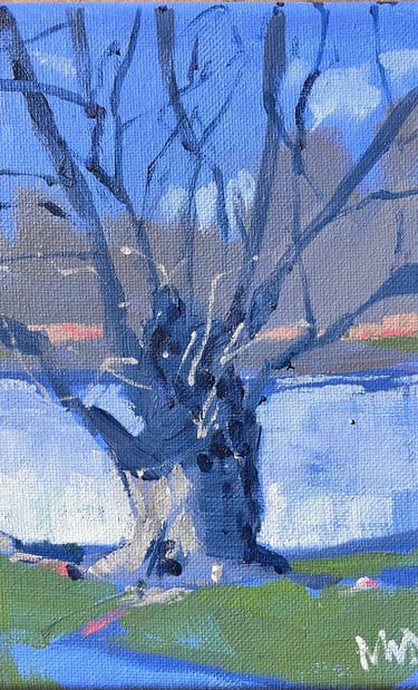 a painting of a tree with a tree in the background