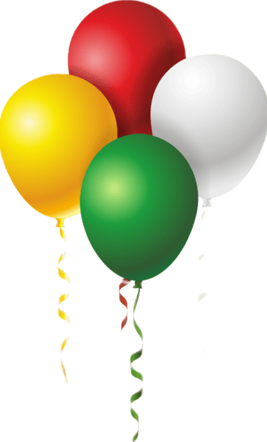 a bunch of balloons with ribbons and streamers