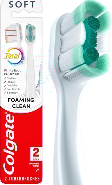Colgate foaming clean soft bristle manual toothbrush in a 2 pack