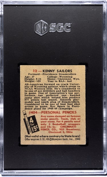 Back of Kenny Sailors 1948 Rookie Card
