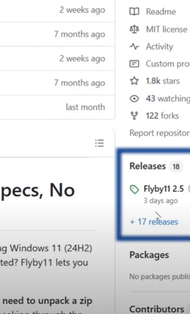 Page GitHub officielle pour télécharger l'outil FlyBy11 permettant d'installer Windows 11 sur un PC 