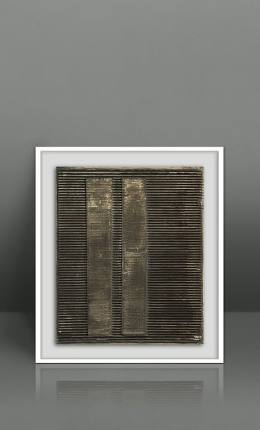 Modern framed abstract wall art featuring textured gold and black metallic lines in a white frame.