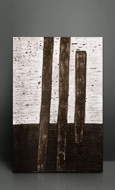 Minimalist black and white abstract painting featuring vertical brushstrokes on a textured canvas.