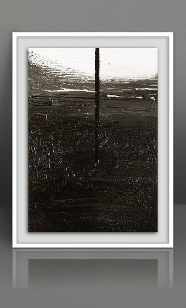 Black and white abstract painting with textured brushstrokes and a vertical line, framed art.