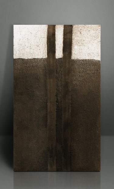 Minimalist abstract artwork featuring textured brown and white blocks with vertical lines.