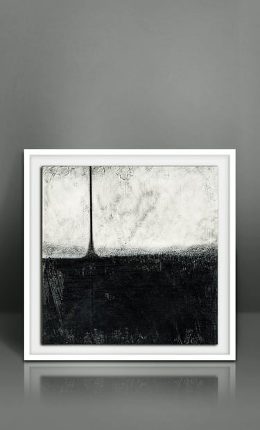 Framed black and white abstract painting with minimalist landscape textures on a gray wall.