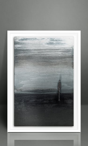 Modern abstract landscape painting in monochrome black and white featuring textured brushstrokes in a white frame.