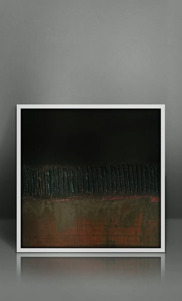 Modern abstract painting with textured dark tones and earthy red accents in a white frame.