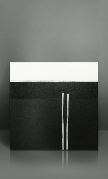 Minimalist black and white abstract painting with two vertical textured lines, contemporary art for modern decor.