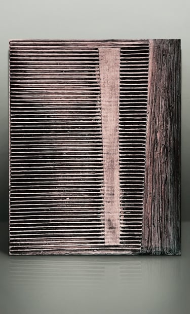 Textured abstract copper sculpture with horizontal ridges and vertical geometric patterns.