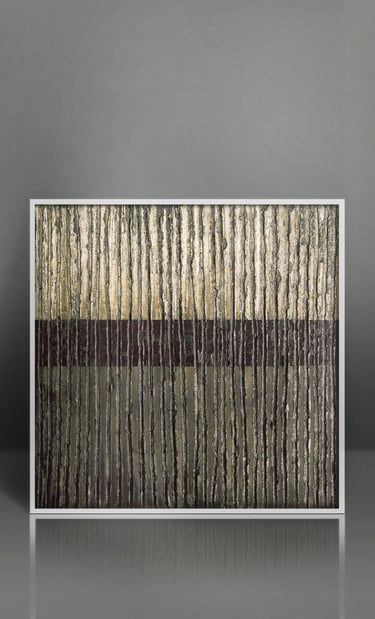Framed abstract vertical textured wall art in metallic gold and black with a white frame.