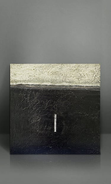 Textured abstract painting featuring a black and gold horizon with a minimalist vertical white line.