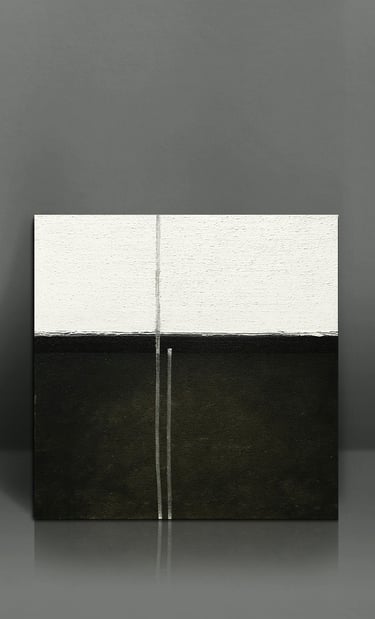 Minimalist black and white abstract painting with textured horizon line and vertical drip.