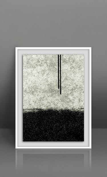 Framed minimalist black and white abstract wall art with textured grainy gradients and vertical lines.
