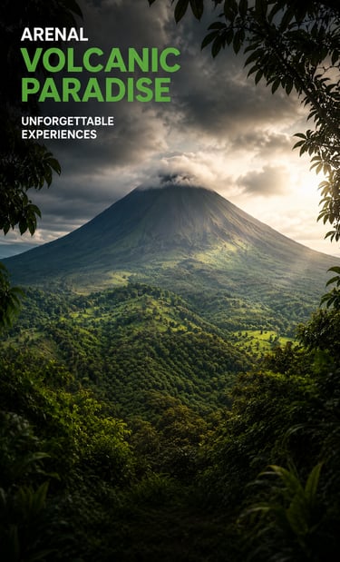 Arenal Volcano in Costa Rica surrounded by lush green rainforest and clouds under a sunset sky.