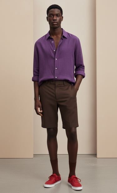 "Camisa lino hombre morada textura arrugada corte holgado moda relajada verano 2026"