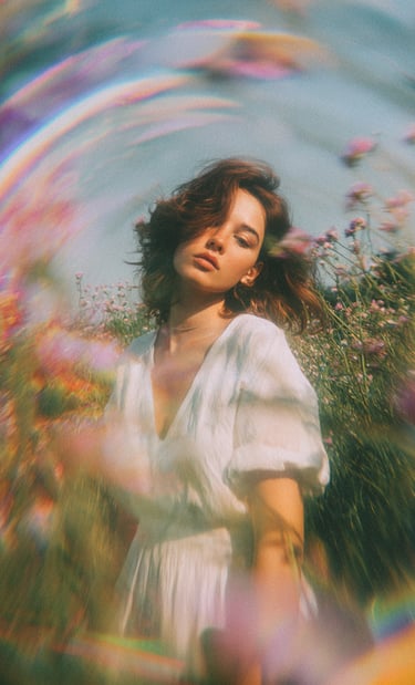 femme brune dans un cadre champêtre qui a l'air d'avoir la tête dans les nuages.