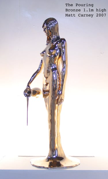 Shiny bronze sculpture of a woman pouring from a carafe front view
