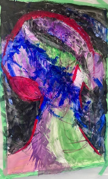 Mixed media artwork — red form emerging against a dark background with layered blues and purples