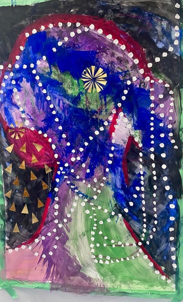Completed mixed media artwork suggesting ancestry and cultural memory