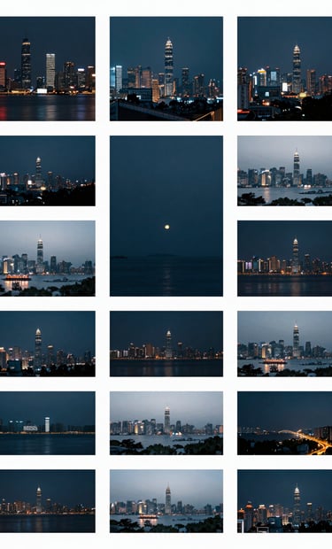 A collage of video stills from the project, showing diverse global cityscapes at night, toned in sophisticated deep ocean slate and bright mist white.