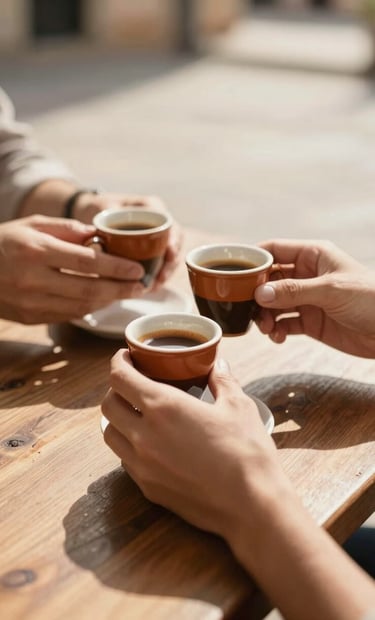 A close-up photograph of a couple's hands holding terracotta-colored espresso cups at an outdoor wooden table. Southern European / Italian setting with soft, warm afternoon sun casting long shadows. Lifestyle photography style, shallow depth of field, warm sand and earth tones.