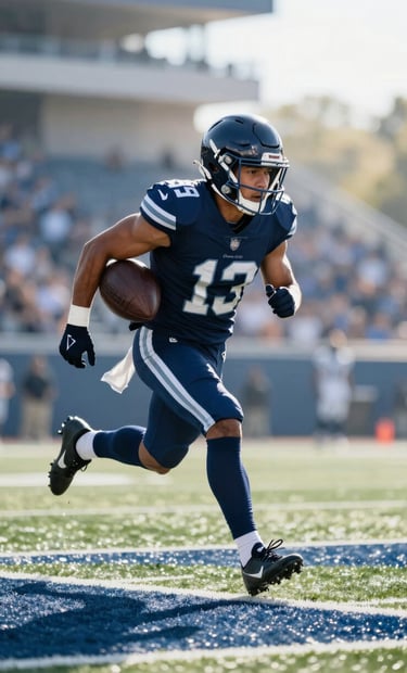 Dynamic high-action shot of a running back in a navy blue jersey (#1C2B3A) crossing the goal line. Sunlight flares, professional photography style, sharp focus on the athlete's determination. Palette includes #3A5A7A and #8FAEC0 tones.
