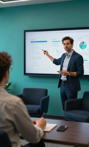 A candid photograph of a global digital professional presenting a project on a screen to a colleague. The setting is a sophisticated tech hub with bright teal accents and dark charcoal blue furniture.