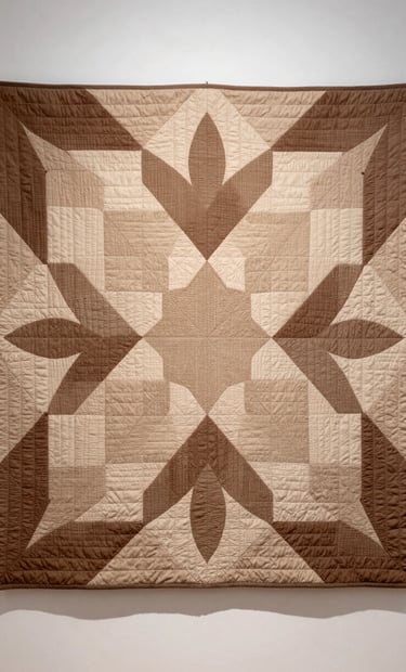A vertical shot of the quilt hanging on a white gallery wall like a piece of fine art. The geometric patterns are clearly visible, creating a sophisticated floral-like bloom in shades of soft sand and espresso. Shadow-play from the textured surface adds a sense of three-dimensional depth.