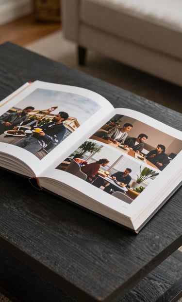 A still-life photograph of a high-quality, linen-bound photo album lying open on a dark charcoal wooden coffee table in a North American / US living room. The pages show cinematic lifestyle portraits. Warm, inviting interior lighting with soft sand highlights.