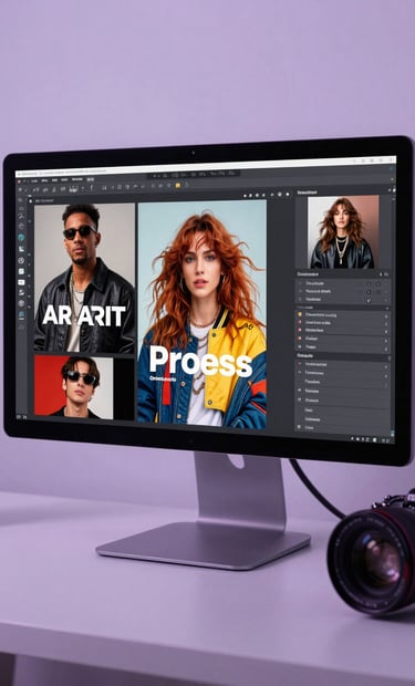 A modern digital media suite in a North American studio, showing a high-resolution monitor displaying a vibrant artist press kit, surrounded by soft lavender lighting.