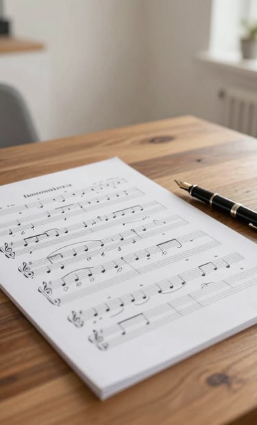 A detailed shot of sheet music with handwritten notes and a fountain pen on a wooden table. The scene is set in a bright, modern Latin American / Spanish study with soft off-white walls and minimalist furniture.