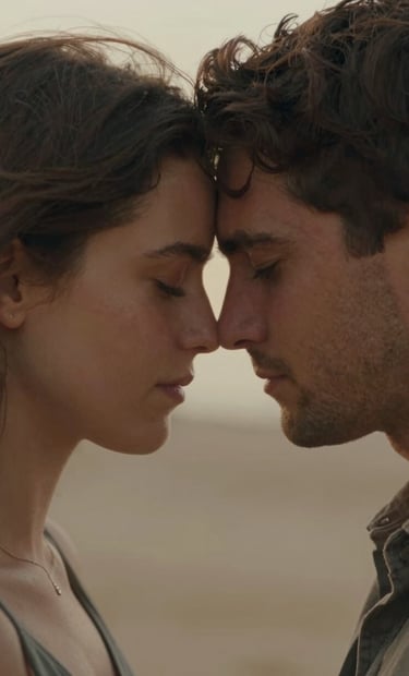 A close-up, cinematic shot of Sarah and Tom sharing a quiet moment, their foreheads touching. The lighting is warm and hazy, with soft terracotta highlights on their skin and a blurred soft sand background.