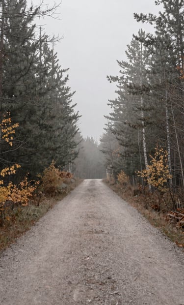 A wide-angle landscape photograph of a North American / Canadian forest during autumn, minimalist composition focusing on a single path, muted grey and taupe tones in the misty morning light.